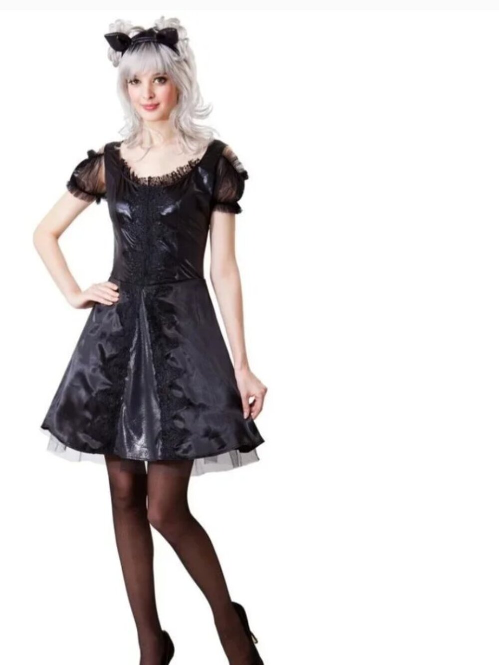 Kitty Cat Sassy Halloween Costume Black Dress & Headpiece 2 Pc Party Womens OS